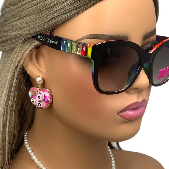 NWT Betsey Johnson Square Thick Black Rainbow Jeweled Rhinestone Sunglasses - Picture 3 of 16